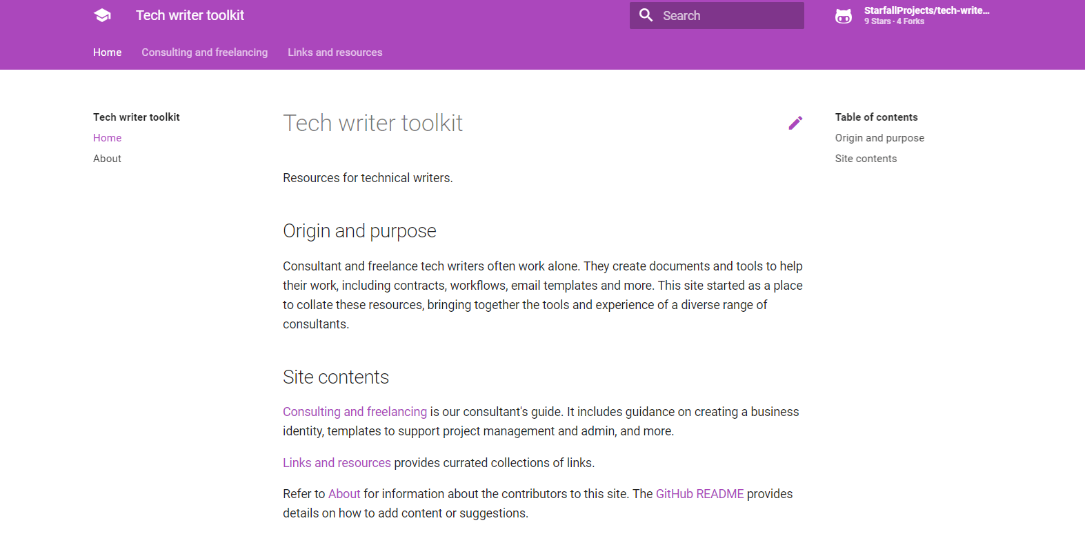 Screenshot of tech writer toolkit homepage